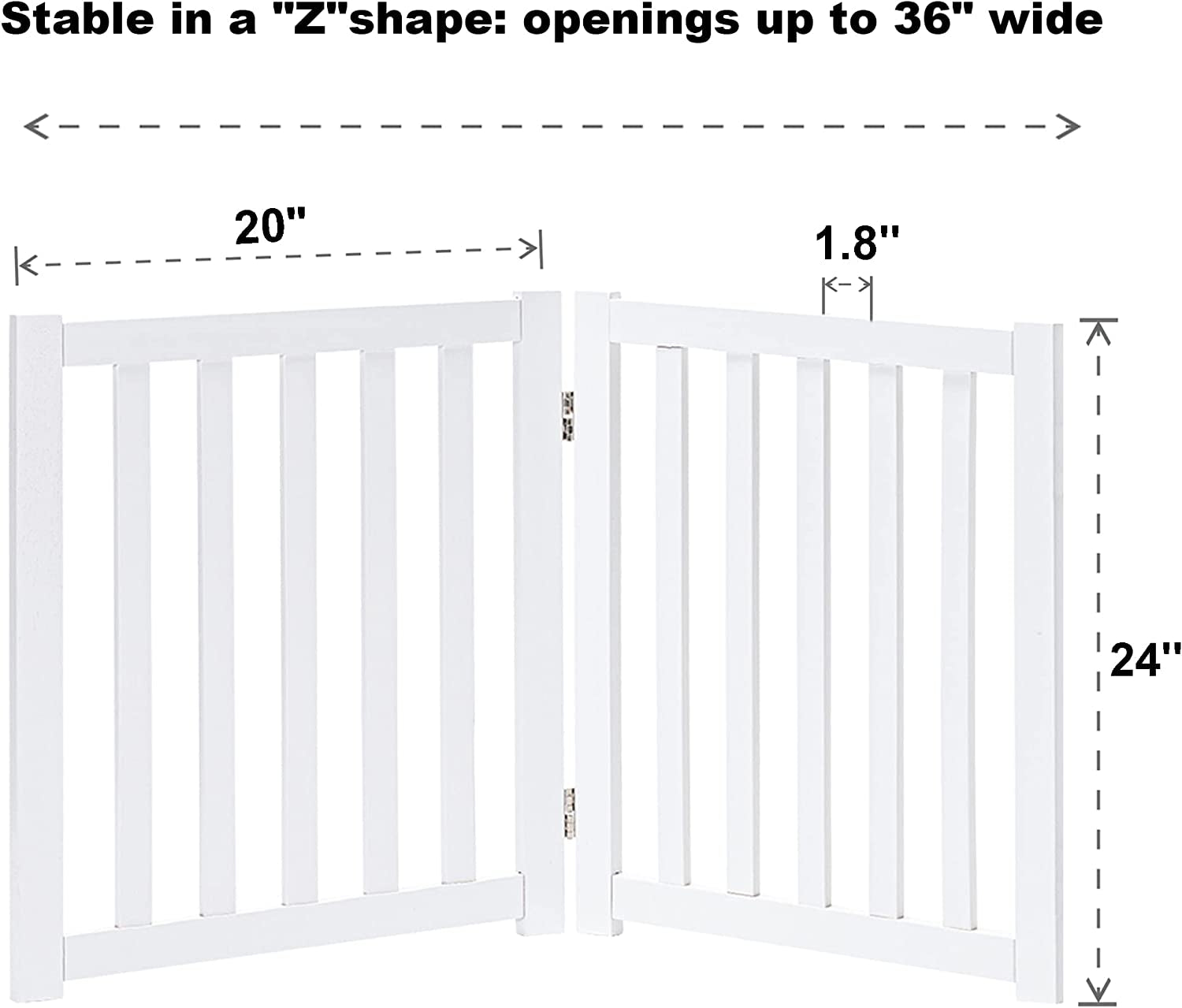 2-Panel Wooden Free Standing Foldable Dog Gate Indoor – Solid Hardwood 24" High, Step-Over Safety Pet Gate for Doorways, Stairs & Small Spaces - Indoor Use, White