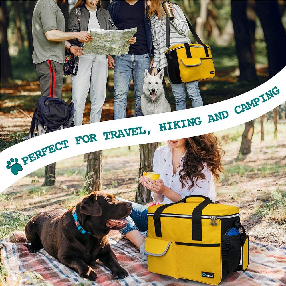 Dog Travel Bag, Travel Pet Bag Organizer, Dog Food Travel Bag with Food Container and Bowls, Dog Travel Supplies Gift Accessories for Weekend Camping, Dog Cat Diaper Bag (Yellow, Medium)