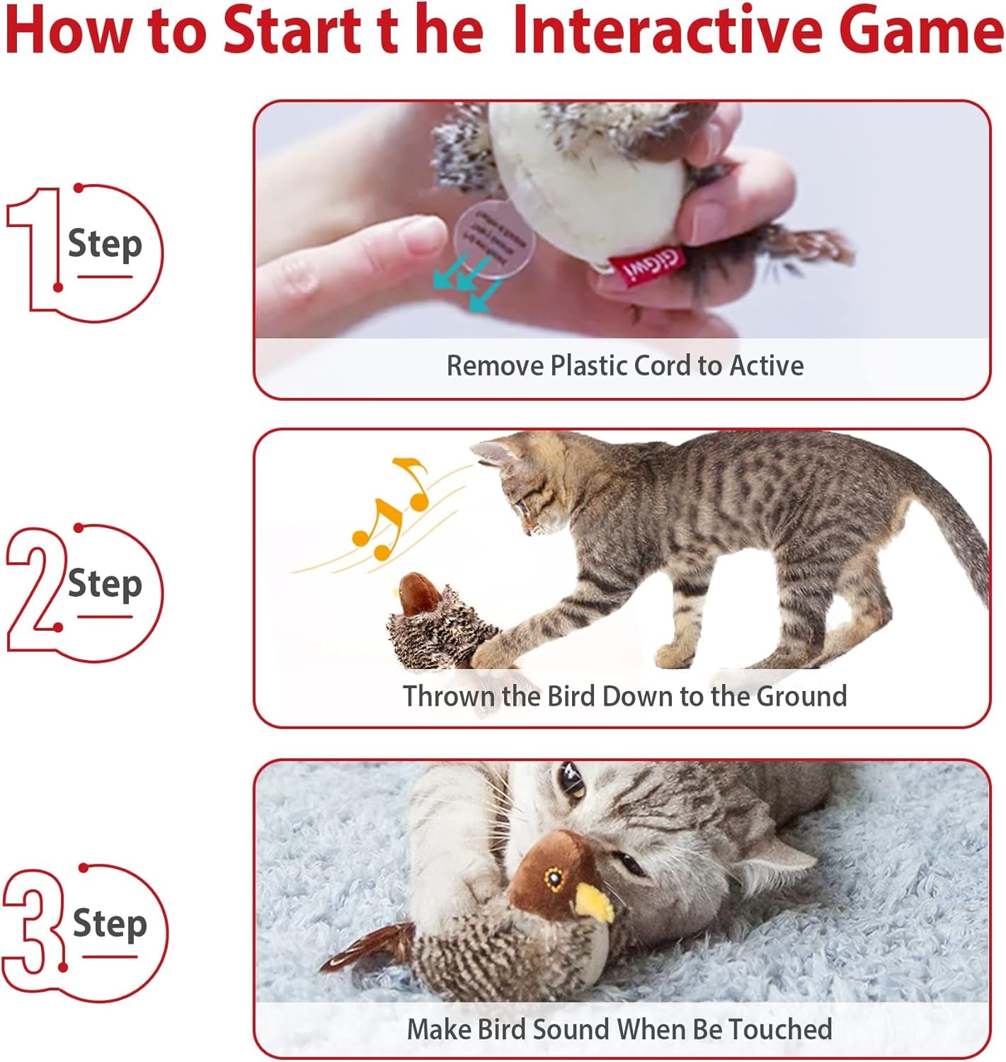 Chirping Bird Cat Toy Set, Interactive Chasing Toy for Indoor Cat, Motion Activated Kitten Play Toys, Squeaky Cats Animal Feather Toy for All Breeds Cats Kicker
